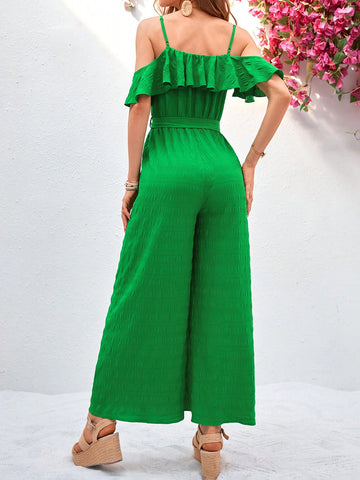 Textured Fabric Ruffle Trim Off-The-Shoulder Cami Jumpsuit With Wide Leg Pants