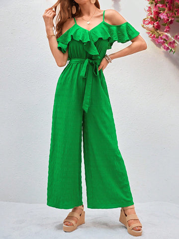 Textured Fabric Ruffle Trim Off-The-Shoulder Cami Jumpsuit With Wide Leg Pants