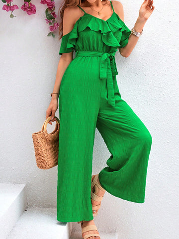 Textured Fabric Ruffle Trim Off-The-Shoulder Cami Jumpsuit With Wide Leg Pants
