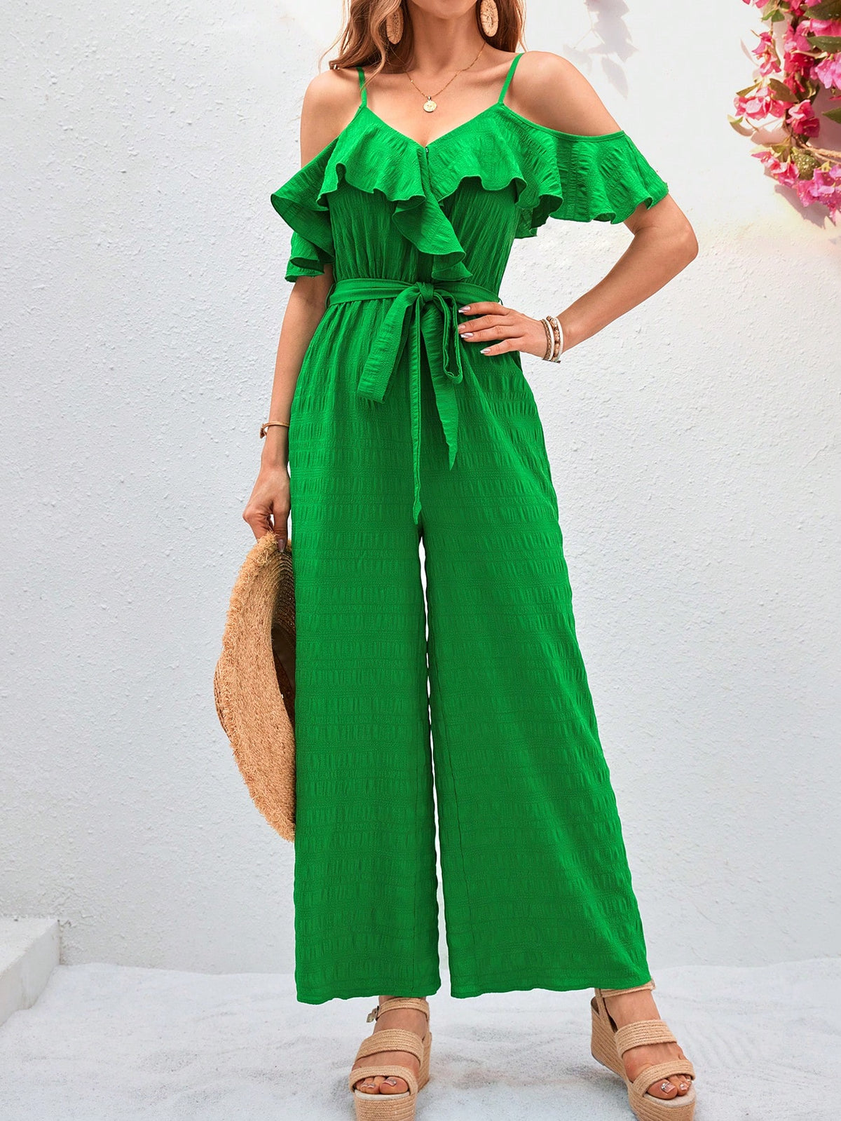 Textured Fabric Ruffle Trim Off-The-Shoulder Cami Jumpsuit With Wide Leg Pants