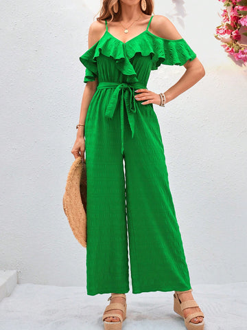 Textured Fabric Ruffle Trim Off-The-Shoulder Cami Jumpsuit With Wide Leg Pants