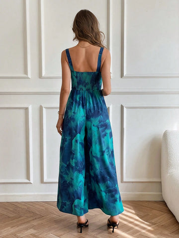 Tie-Dye Print Twist Cutout Wide Leg Jumpsuit,Valentines Day