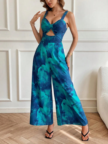Tie-Dye Print Twist Cutout Wide Leg Jumpsuit,Valentines Day