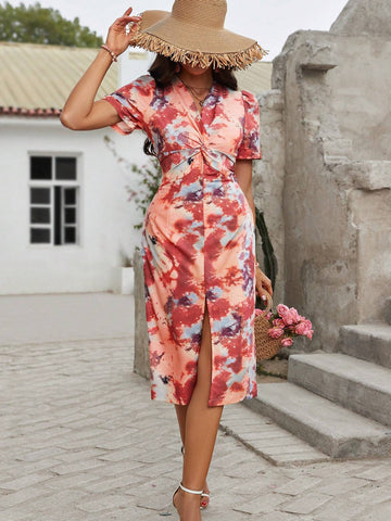 Tie-Dye Twist Front High Slit Dress