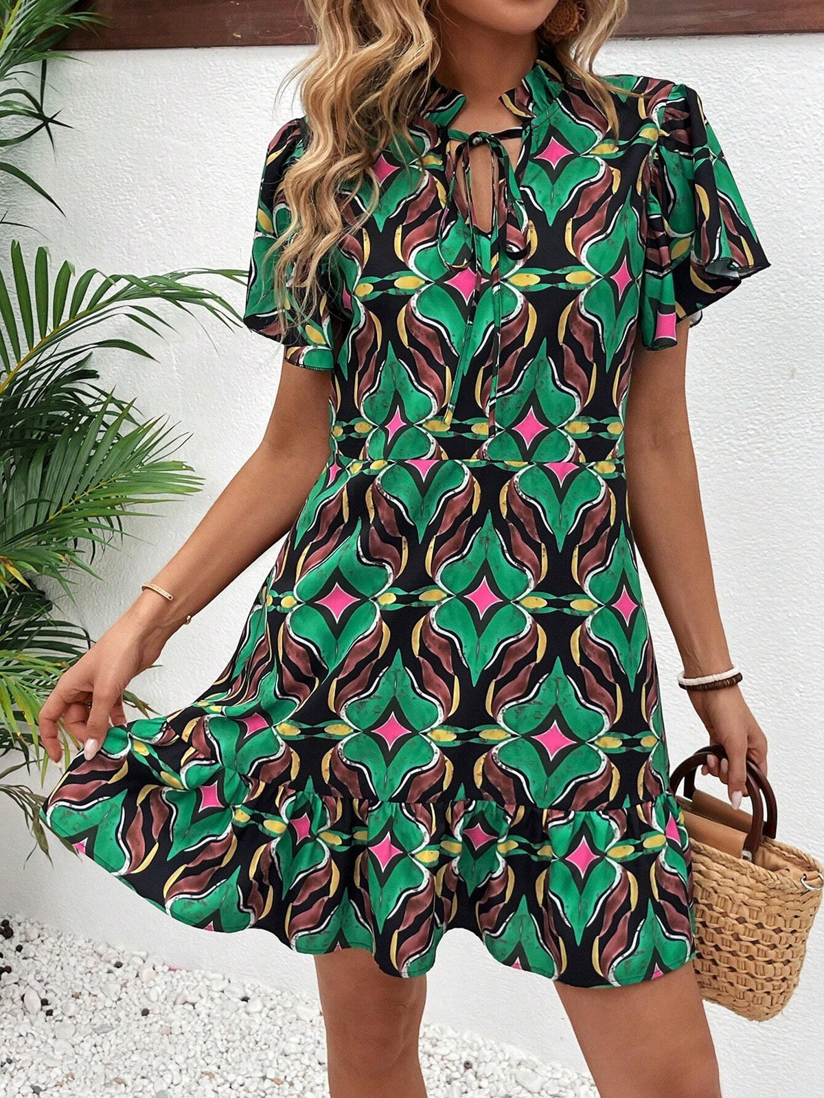 Tie-Neck Ruffle-Trimmed Vacation Style Printed Dress