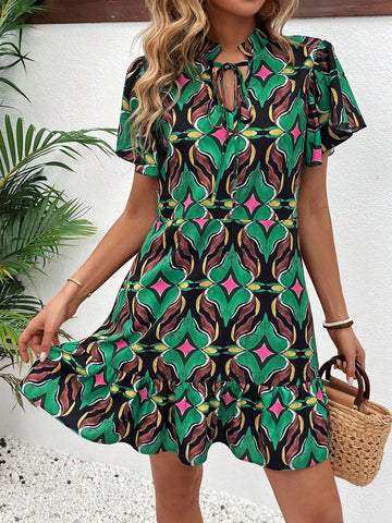 Tie-Neck Ruffle-Trimmed Vacation Style Printed Dress