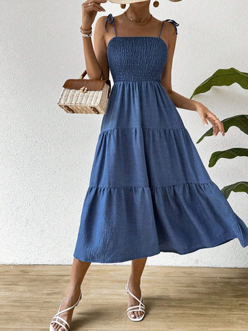 Tie Bowknot & Layered Hem Holiday Style Spaghetti Strap Dress For SpringSummer