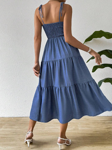 Tie Bowknot & Layered Hem Holiday Style Spaghetti Strap Dress For SpringSummer