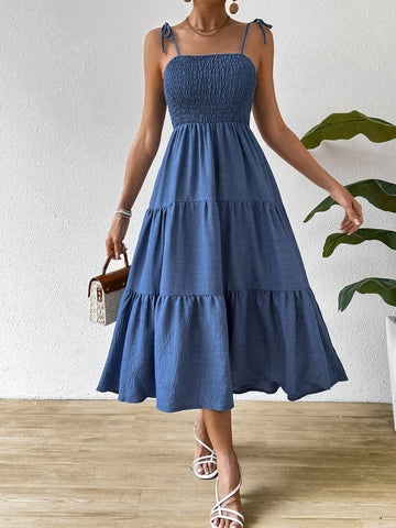 Tie Bowknot & Layered Hem Holiday Style Spaghetti Strap Dress For SpringSummer