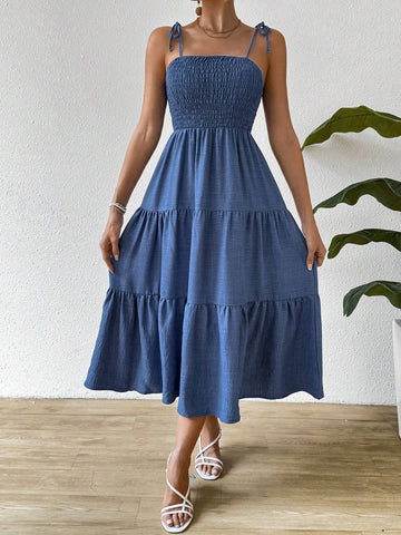 Tie Bowknot & Layered Hem Holiday Style Spaghetti Strap Dress For SpringSummer