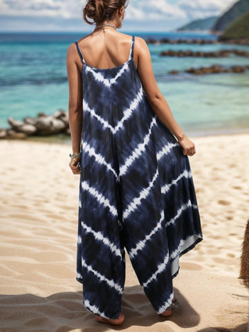 Tie Dye Off-Shoulder Wide Leg Jumpsuit With Stripes, Irregular Hem