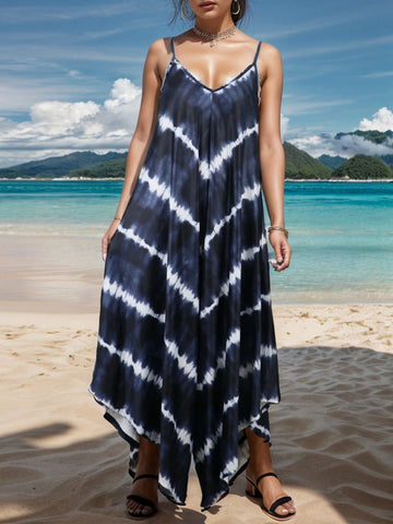 Tie Dye Off-Shoulder Wide Leg Jumpsuit With Stripes, Irregular Hem