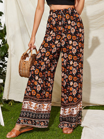 VCAY Tie Front Floral Print Wide Leg Pants