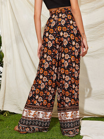 VCAY Tie Front Floral Print Wide Leg Pants