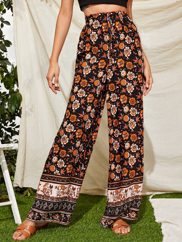 VCAY Tie Front Floral Print Wide Leg Pants