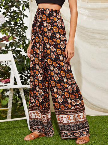 VCAY Tie Front Floral Print Wide Leg Pants