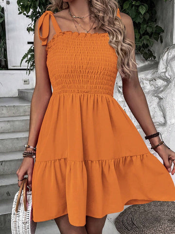 Tie Shoulder Shirred Bodice Ruffle Hem Cami Dress