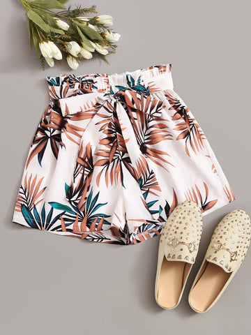 VCAY Tropical Leaf Print Paperbag Shorts