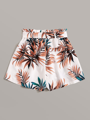 VCAY Tropical Leaf Print Paperbag Shorts