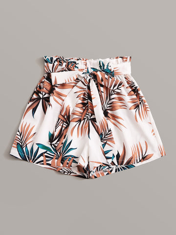VCAY Tropical Leaf Print Paperbag Shorts