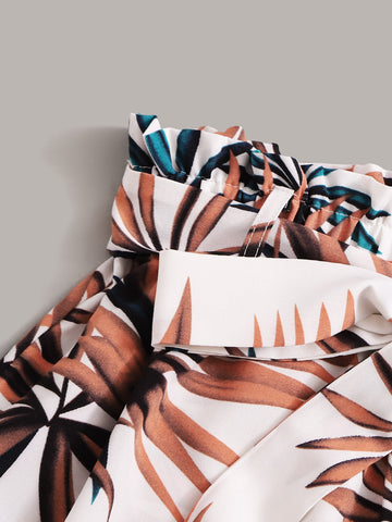 VCAY Tropical Leaf Print Paperbag Shorts