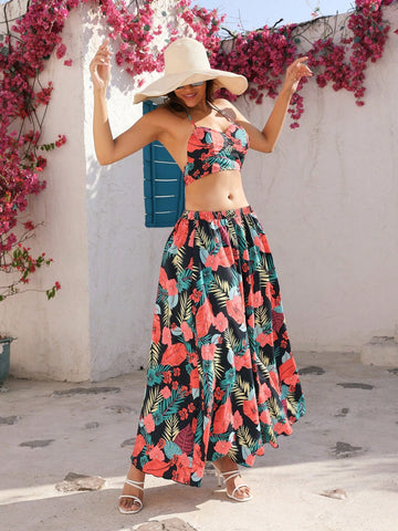 Tropical Print Halter Top And Skirt Set