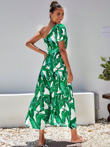 VCAY Tropical Print One Shoulder Ruffle Hem Belted Dress
