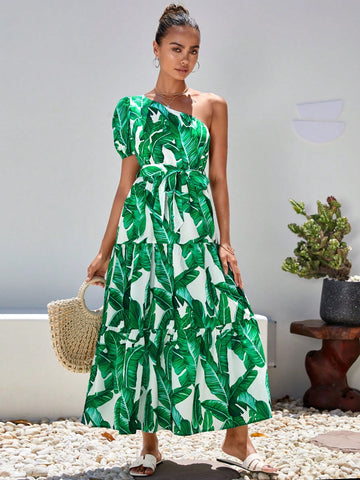 VCAY Tropical Print One Shoulder Ruffle Hem Belted Dress
