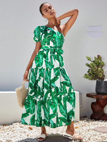 VCAY Tropical Print One Shoulder Ruffle Hem Belted Dress