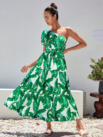 VCAY Tropical Print One Shoulder Ruffle Hem Belted Dress