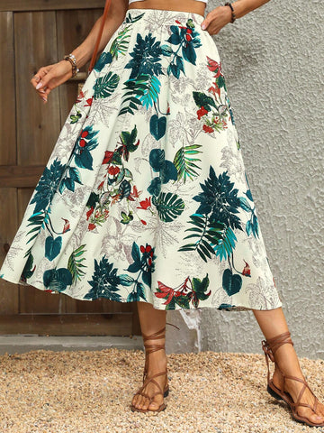 VCAY Tropical Print Ruffle Hem Skirt