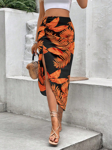 VCAY Tropical Print Split Thigh Skirt