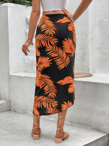 VCAY Tropical Print Split Thigh Skirt