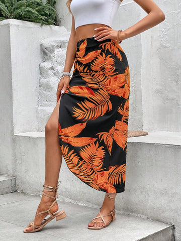 VCAY Tropical Print Split Thigh Skirt