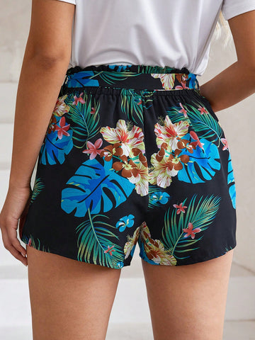 VCAY Tropical Print Tie Front Shorts