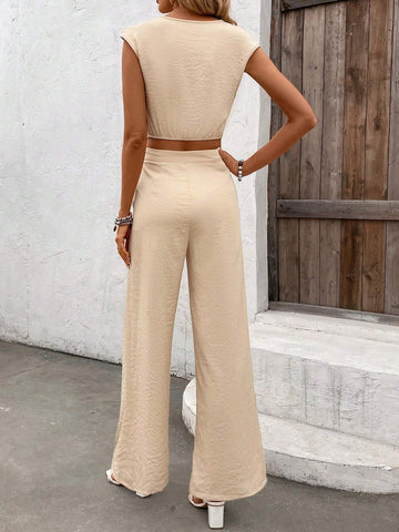 Two-Piece Women Set With V-Neck Tie-Up Crop Top And Long Pants