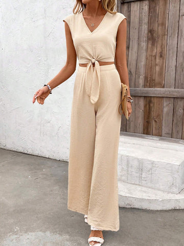 Two-Piece Women Set With V-Neck Tie-Up Crop Top And Long Pants