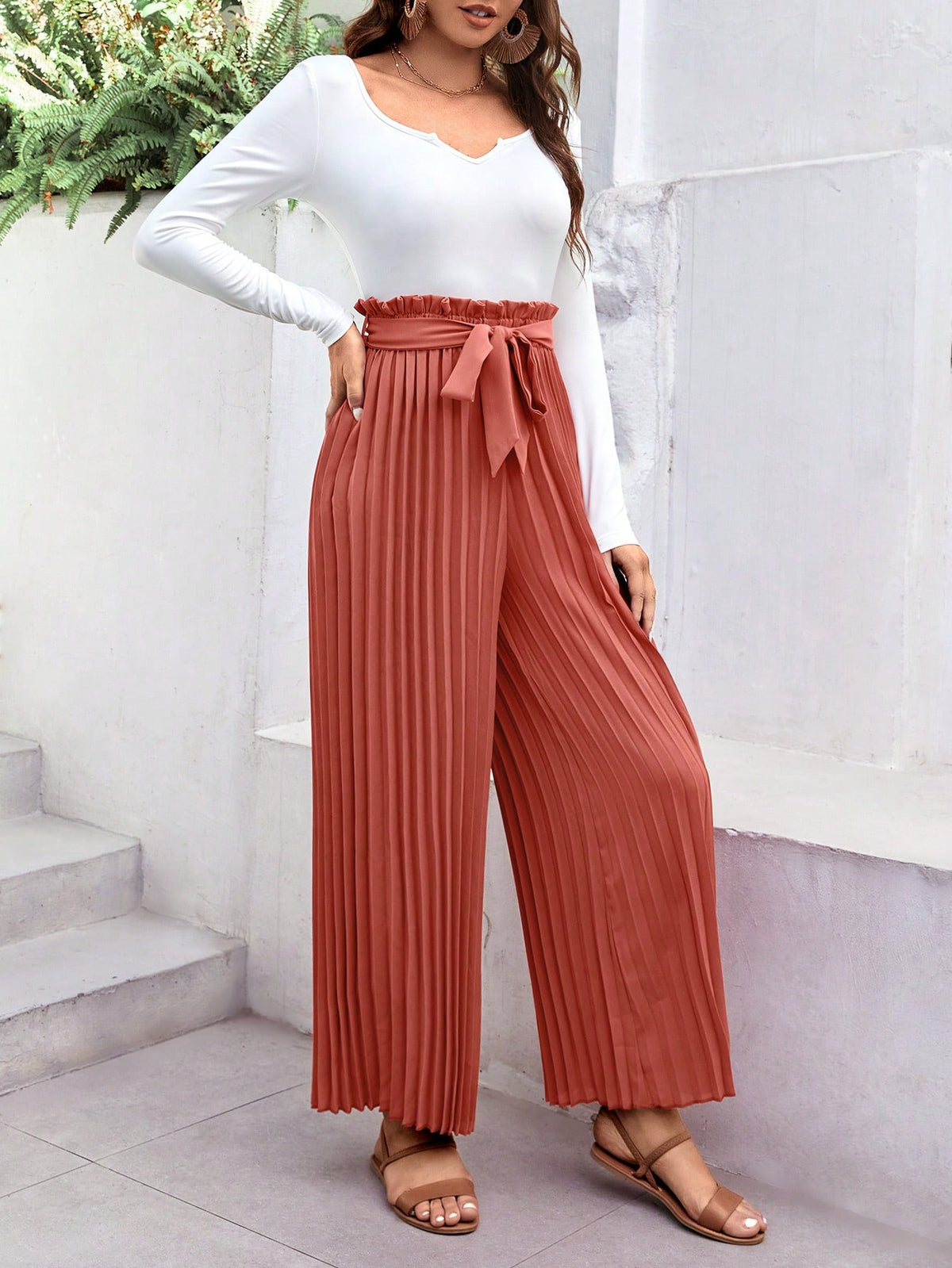 Two Tone Pleated Belted Wide Leg Jumpsuit