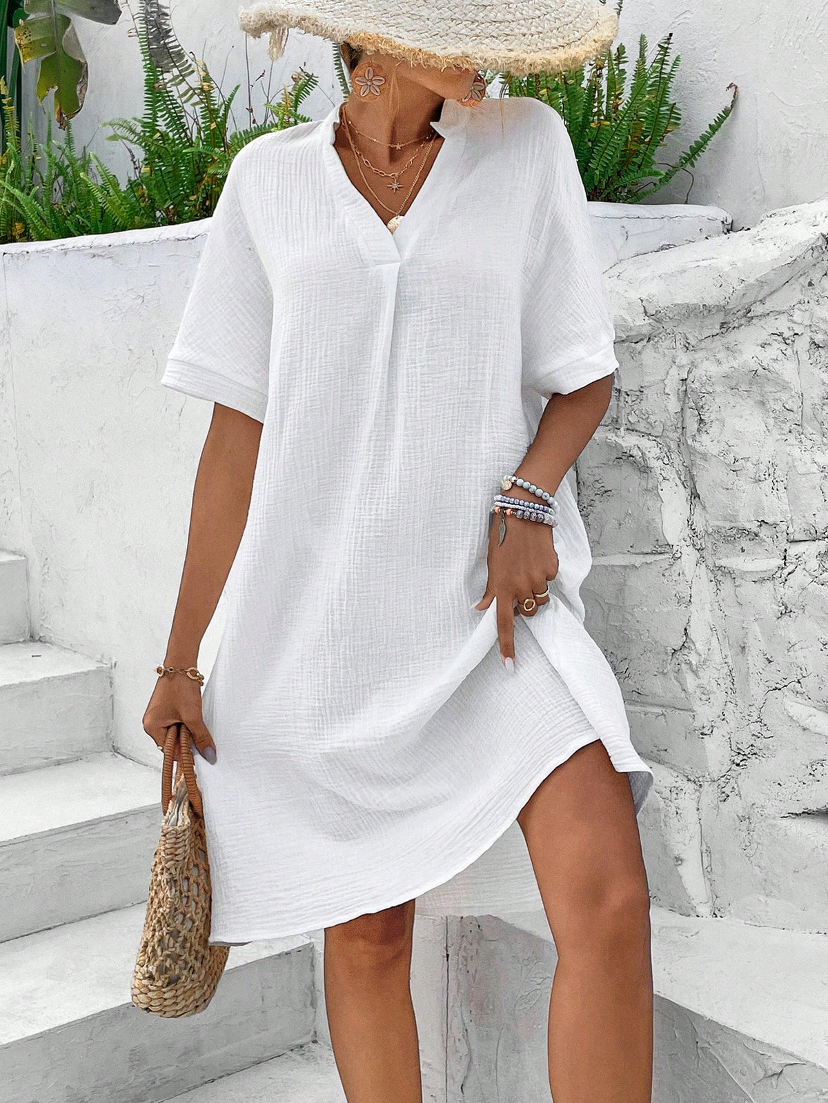 VCAY V-Neck A-Line Short Sleeve Dress