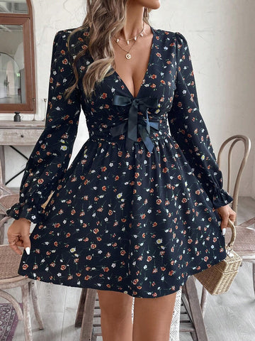 V-Neck Bowknot Long Sleeve Fitted Mini Dress, Holiday Style