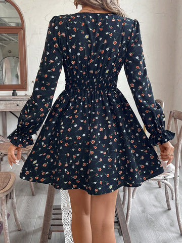 V-Neck Bowknot Long Sleeve Fitted Mini Dress, Holiday Style