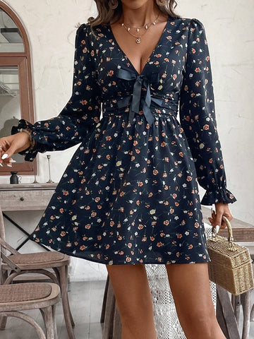 V-Neck Bowknot Long Sleeve Fitted Mini Dress, Holiday Style