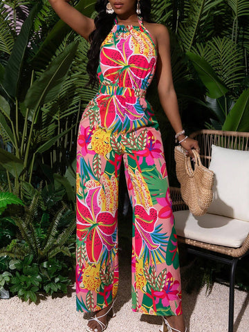 V-Neck Floral Print Sleeveless Jumpsuit For Summer Vacation