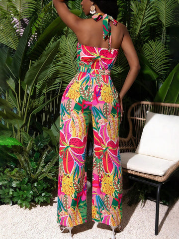 V-Neck Floral Print Sleeveless Jumpsuit For Summer Vacation