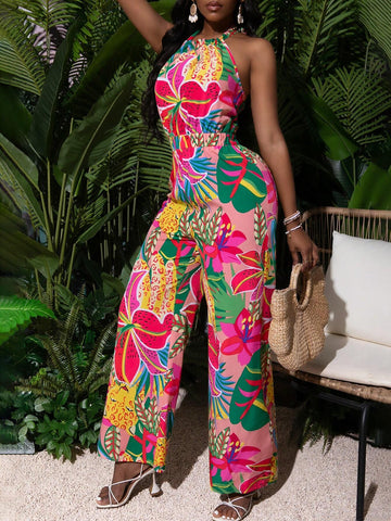 V-Neck Floral Print Sleeveless Jumpsuit For Summer Vacation