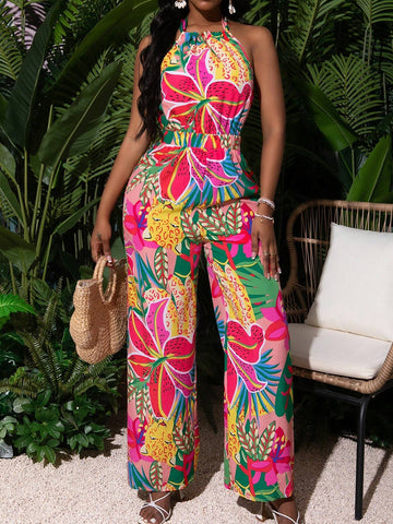 V-Neck Floral Print Sleeveless Jumpsuit For Summer Vacation