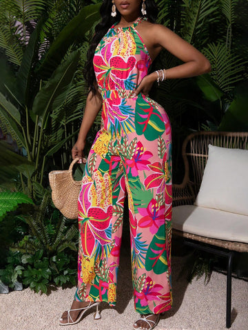 V-Neck Floral Print Sleeveless Jumpsuit For Summer Vacation