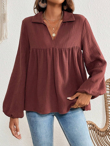 VCAY V-Neck Ruched Front Detail Solid Color Women's Blouse, Casual Shirt