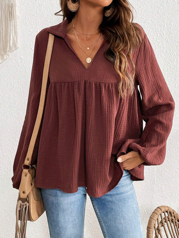 VCAY V-Neck Ruched Front Detail Solid Color Women's Blouse, Casual Shirt