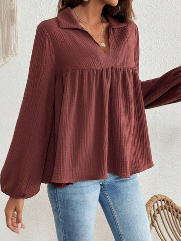 VCAY V-Neck Ruched Front Detail Solid Color Women's Blouse, Casual Shirt